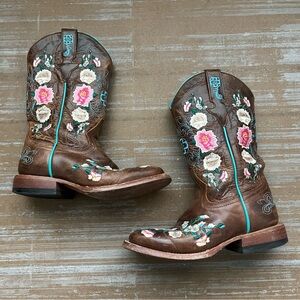 Macie Bean Brown Kids Boots with Pink and White Embroidery